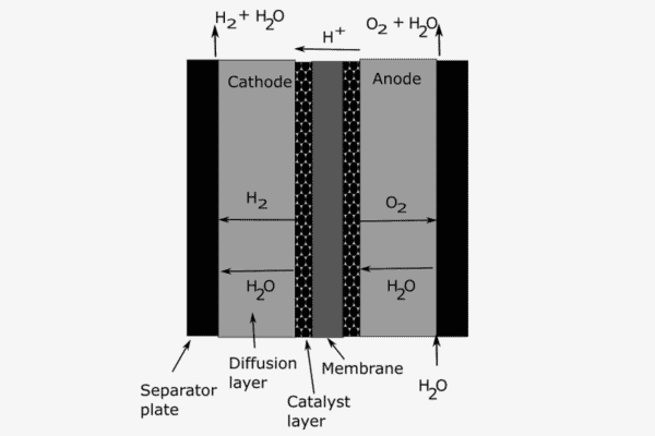Schematic of polymer electrolyte membrane (PEM) electrolysis.