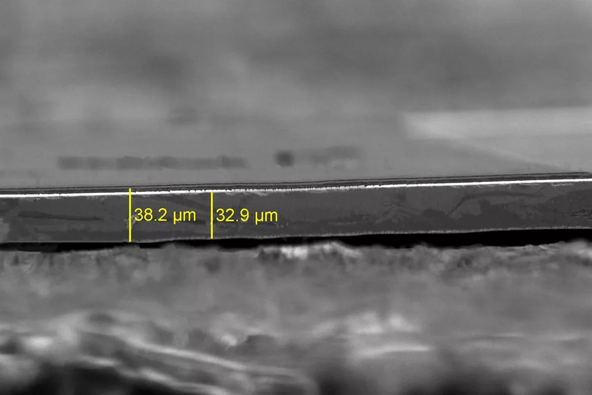 Scanning electron microscope image of Smoltek's prototype capacitor. Measurement line shows a height of 38.2 µm.