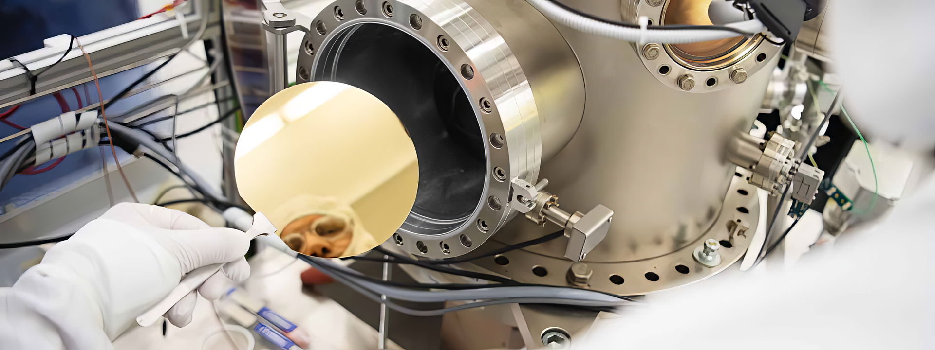 One of Smoltek's employees is reflected in a prepared substrate as he puts it into a PECVD reaction chamber.