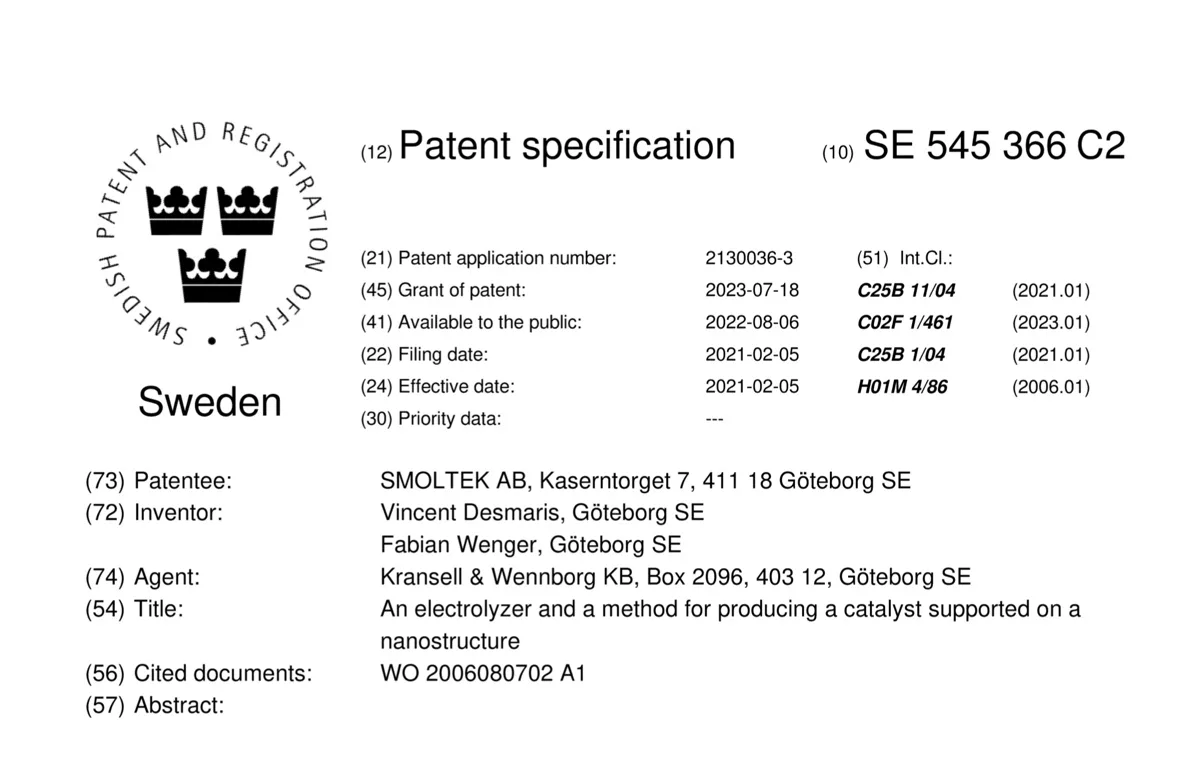 Smoltek patent no 80 electro catalyst support
