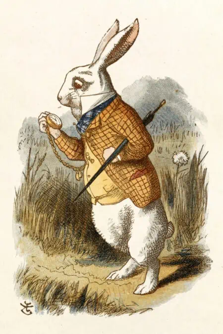 Book illustration showing the White Rabbit looking at his pocket watch.
