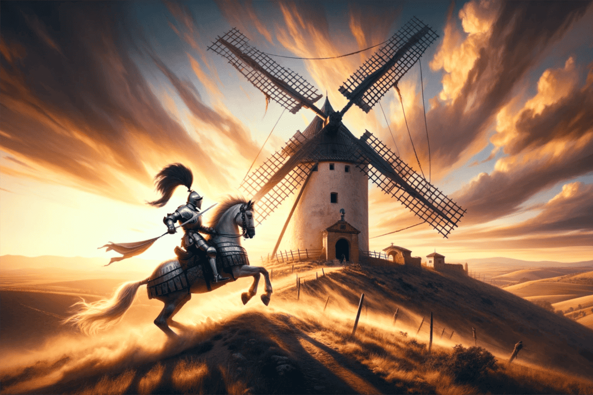 Don Quixote tilting at a windmill