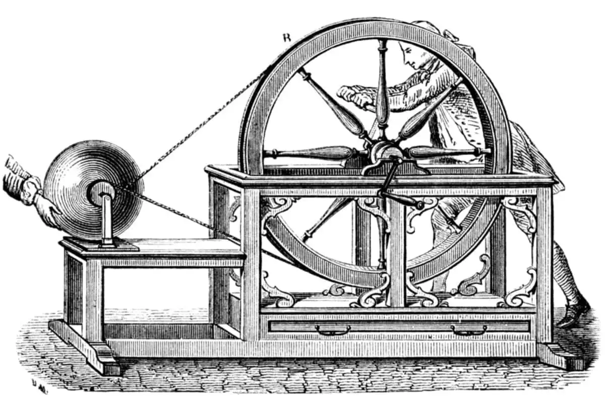 Copper engraving showing a man cranking a large wheel that transmits the motion to an axle with a glass ball that is held by a pair of hands.