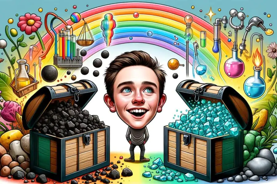 Cartoon showing a man standing under a rainbow.