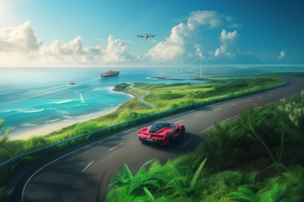 A bright and airy photorealistic image of a single sports car on a road next to the sea where a single cargo ship passes by while a single airplane flies over the sea. The road winds through a lush green landscape with wind turbines and solar panels inland.