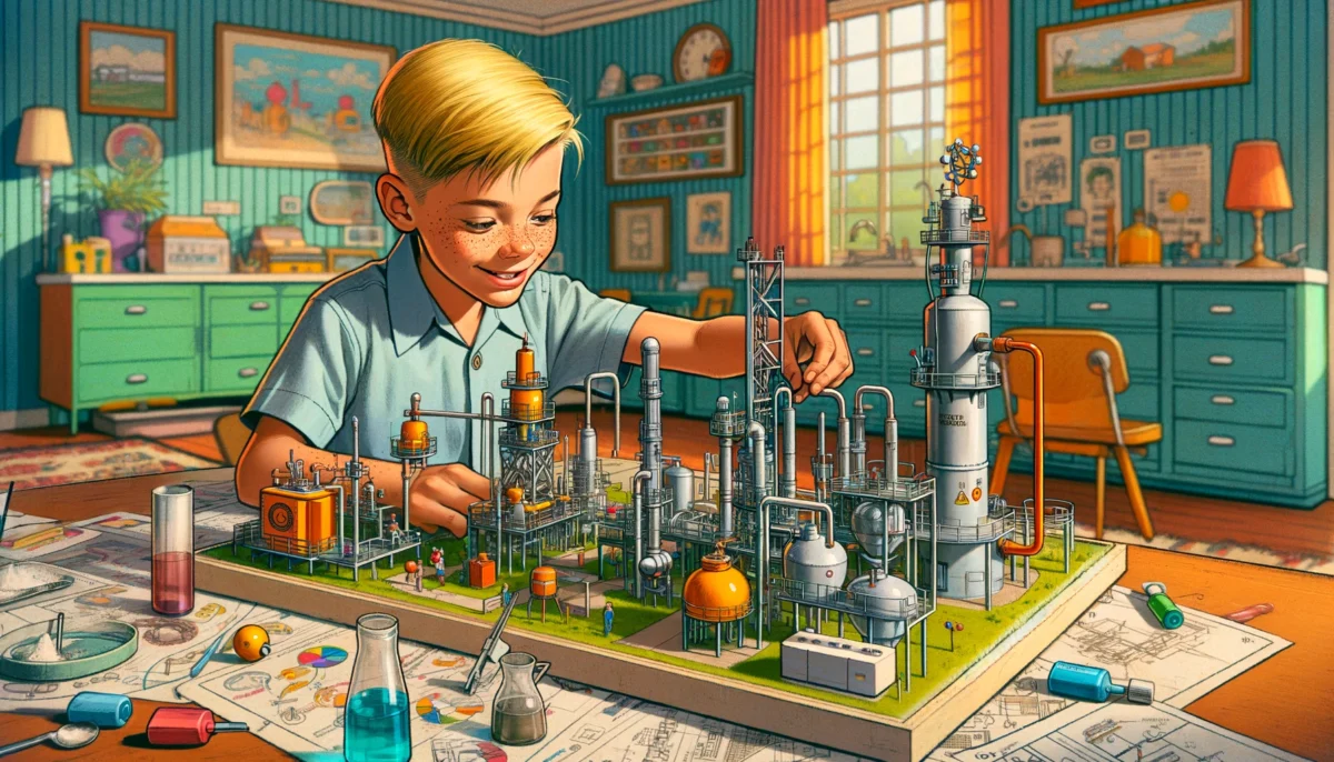 Mischievous Boy Plays Toy Model Chemical Industry Plant