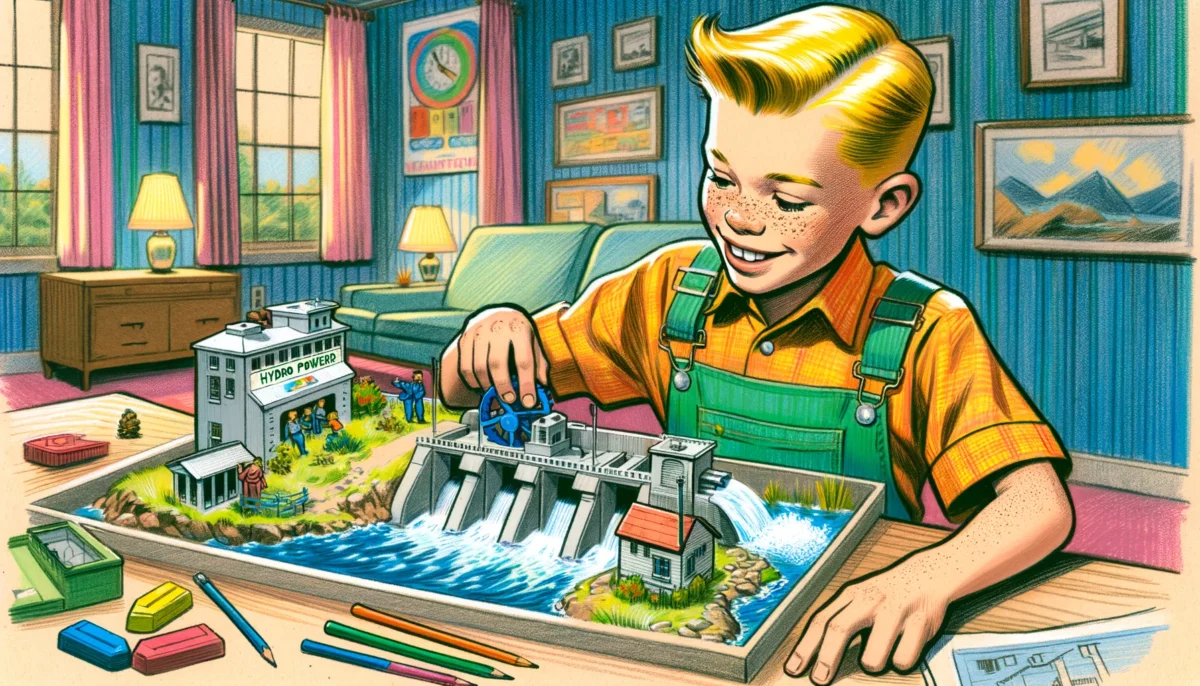 Mischievous Boy Plays Toy Model Power Plant