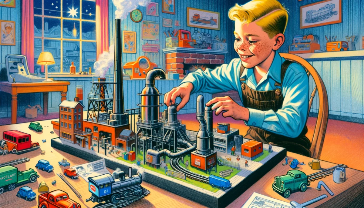 Mischievous Boy Plays Toy Model Steel Mill