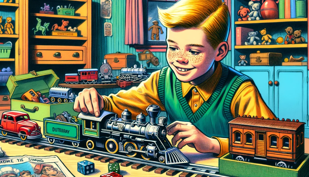 Mischievous Boy Plays Toy Steam Locomotive