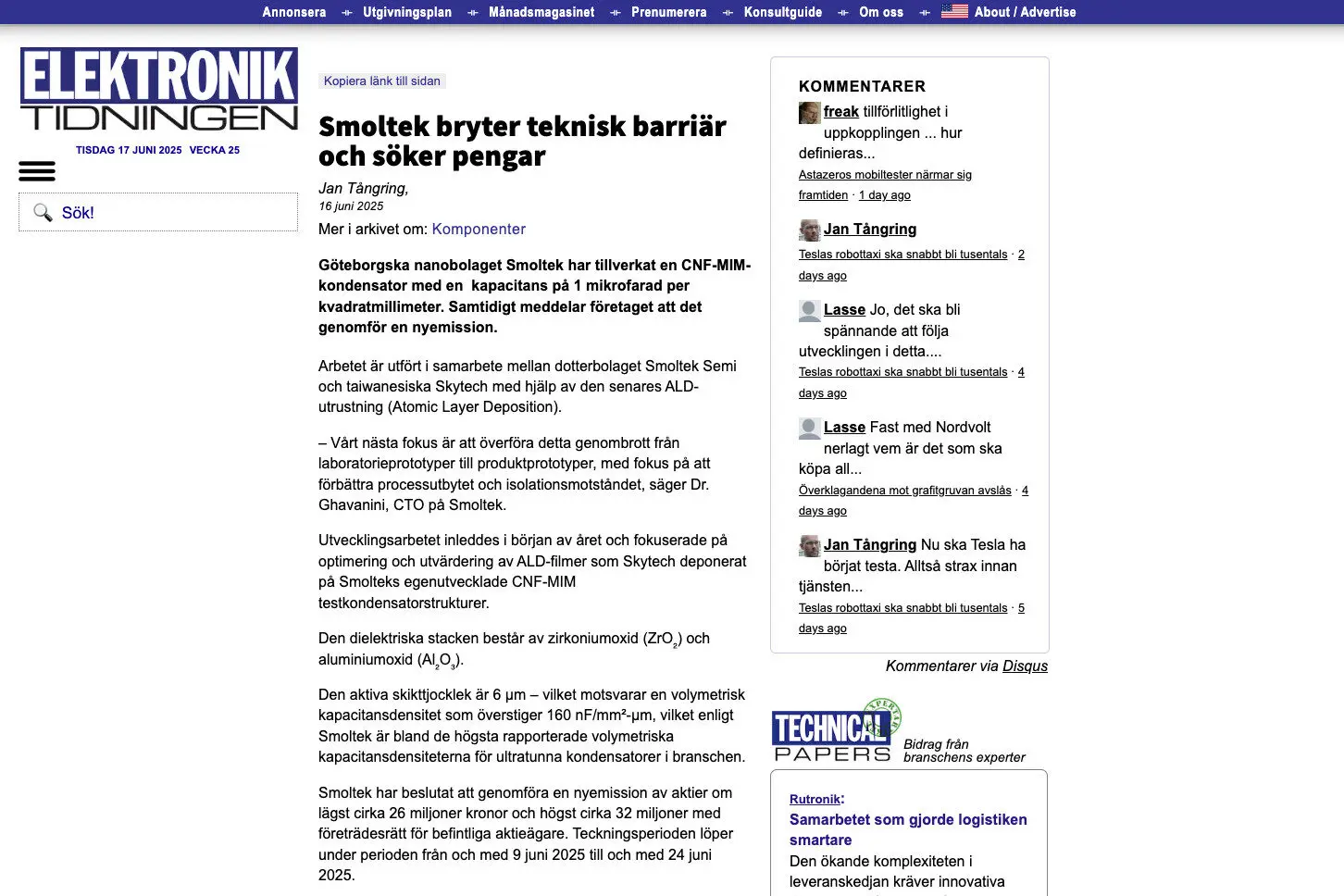 Smoltek bryter teknisk barriär och söker pengar