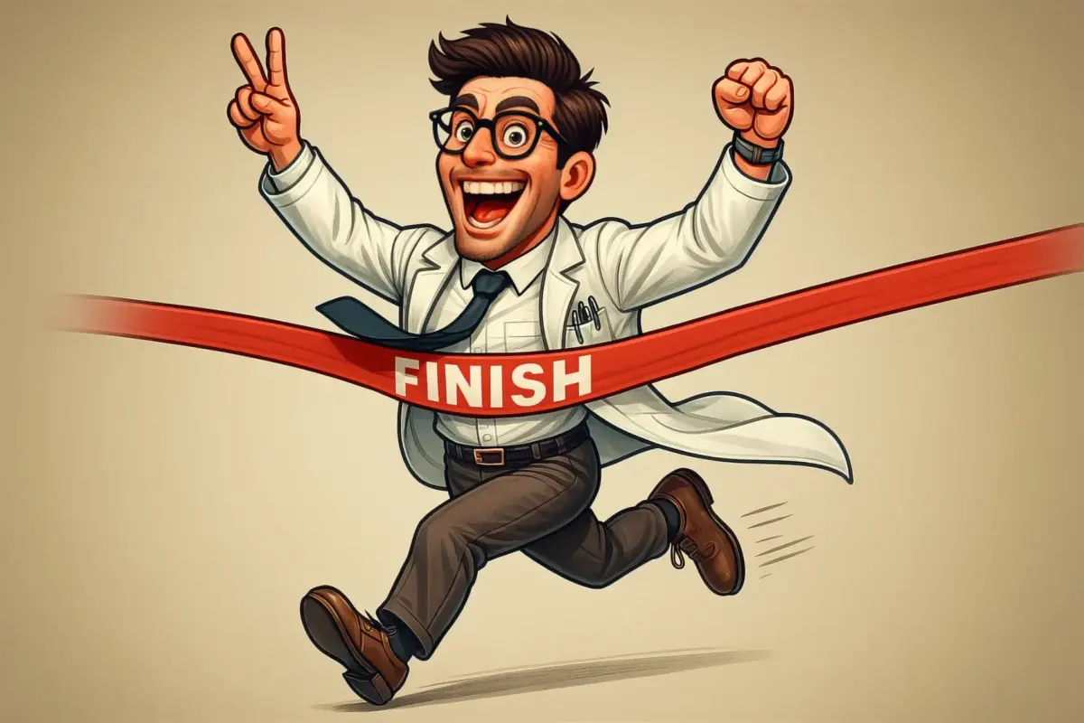 Happy scientist crossing finish line