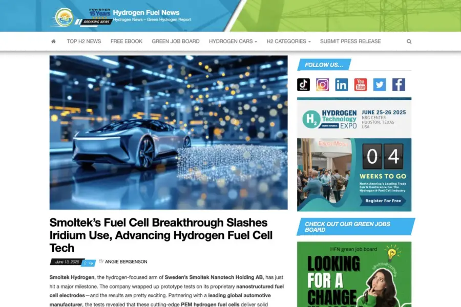 Hydroge.n fuel news smoltek’s fuel cell breakthrough slashes iiridium use advancing hydrogen fuel cell ech